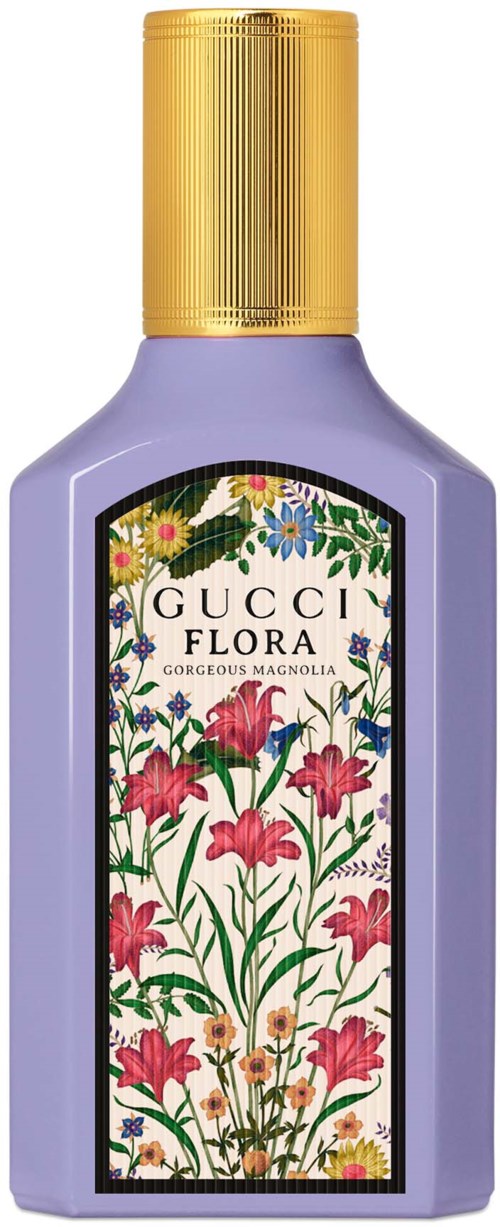 Een paarse fles met een gouden deksel en een bloemrijk label dat zegt 'Gucci Flora Gorgeous Magnolia.'