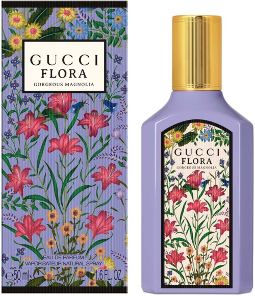 Een parfumfles en doos met bloemenillustraties en 'GUCCI FLORA' tekst, paarse en gouden ontwerp.
