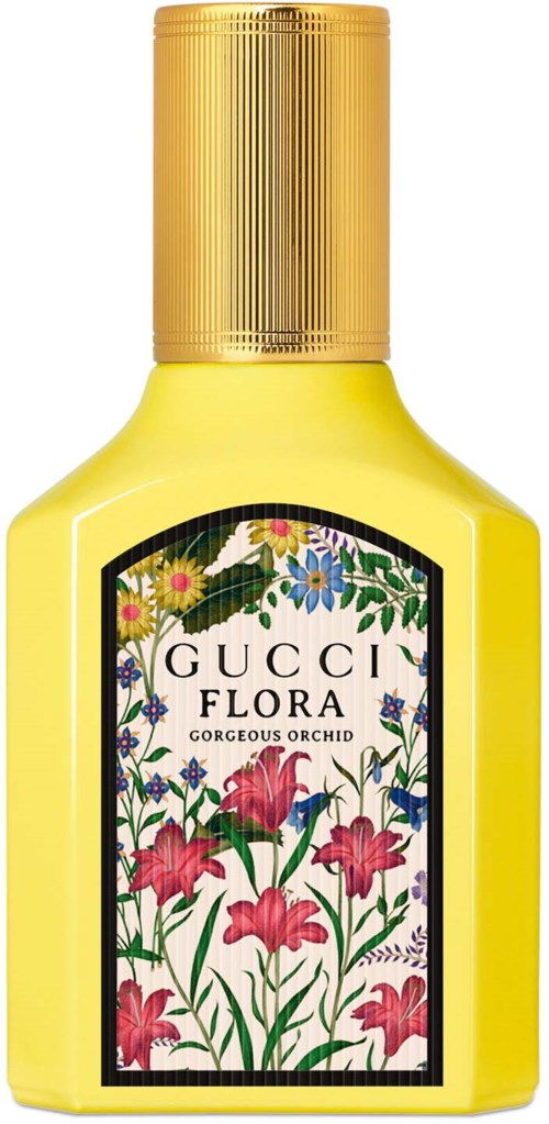 Een gele parfumfles met een bloemenlabel dat zegt 'GUCCI FLORA' en 'GORGEOUS ORCHID'.