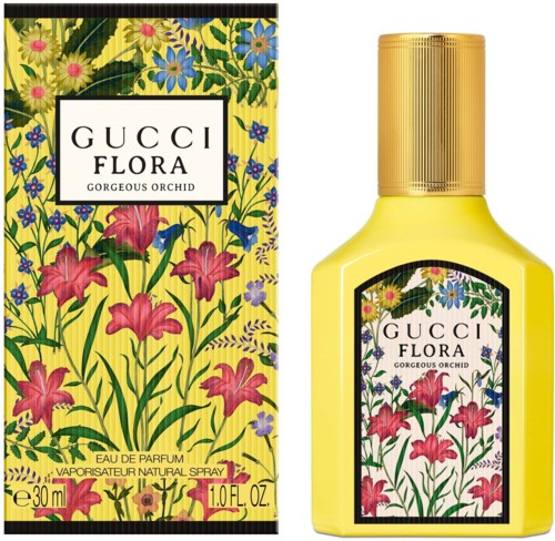 Bloemenpatroon op verpakking en gele fleslabel voor Gucci Flora Gorgeous Orchid parfum.