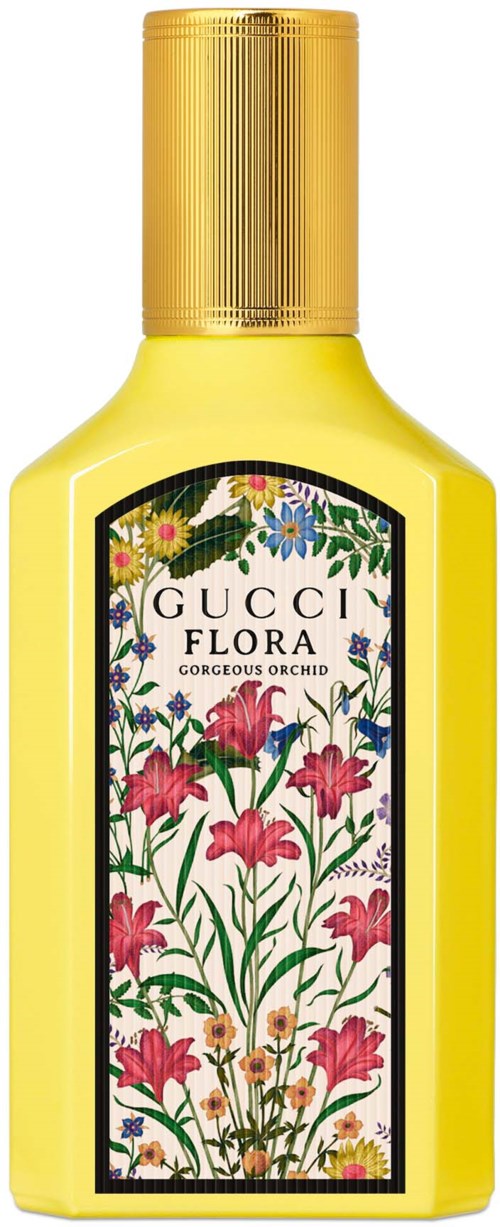 Een gele fles met een gouden dop, met een bloemenlabel met roze, rode en oranje bloemen en de tekst 'GUCCI FLORA GORGEOUS ORCHID.'