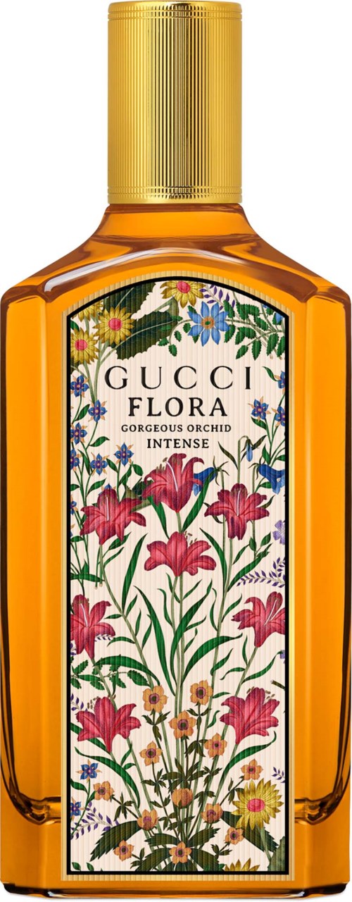 Gucci Flora Gorgeous Orchid Intense parfymeflaske med blomsteretikett og gullhette.