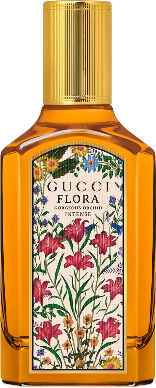 En Gucci Flora parfymeflaske med oransje væske og en blomsteretikett med rosa og lilla blomster og grønne blader.