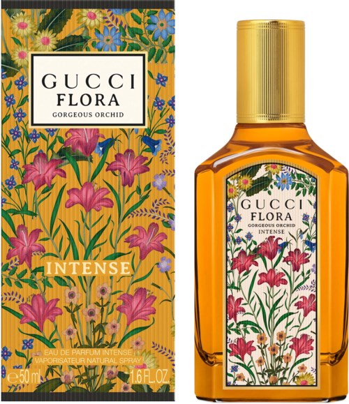 Gucci Flora Intense parfymeflaske og eske med fargerik blomsterdesign og gullhette.
