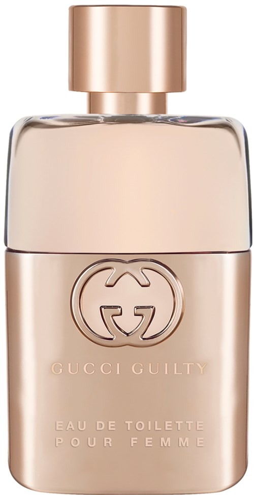 Een roze parfumfles met ronde dop en de tekst 'Gucci Guilty Eau de Toilette voor Vrouwen'.