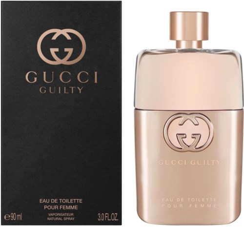 Een parfumfles en doos met Gucci Guilty-logo en lichtroze kleur, voor vrouwen.