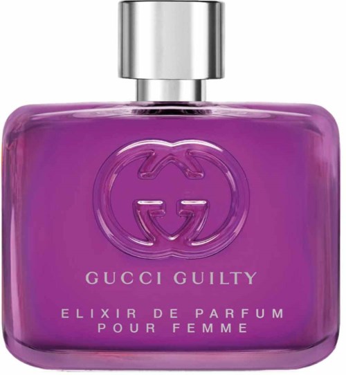 Paars parfumflesje met zilverkleurige dop, Gucci Guilty, voor vrouwen, in een eenvoudig ontwerp.