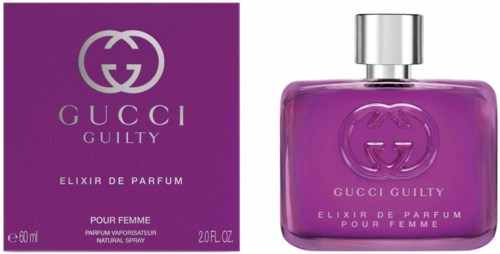 Paars parfumflesje en paarse doos met Gucci-logo en tekst. Fles heeft een zilveren deksel.