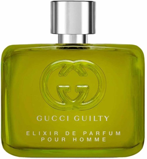 Grönglasad parfymflaska med silverlock, märkt med Gucci Guilty och logotyp, för män.