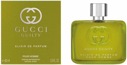 Grön parföljeburk och matchande box med Gucci-logga, kallad Gucci Guilty Elixir för män.