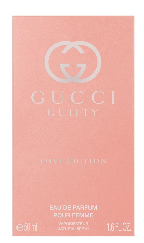 Roze parfumbox met Gucci-logo, tekst leest 'GUCCI GUILTY LOVE EDITION', 50 ml.