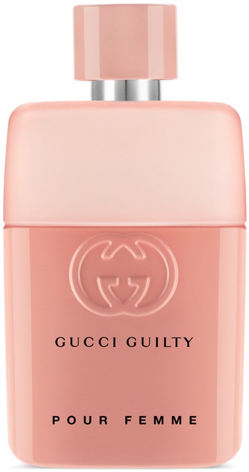 En rosa parfyllflaska med Gucci-loggan och orden 'Gucci Guilty Pour Femme' på sig.