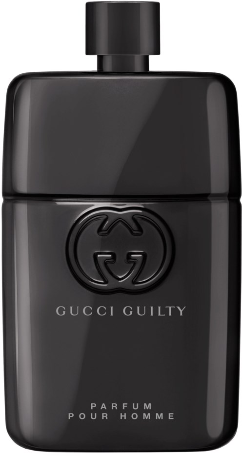 Zwarte parfumfles met ronde logo, gemarkeerd 'GUCCI GUILTY' en 'PARFUM POUR HOMME'.