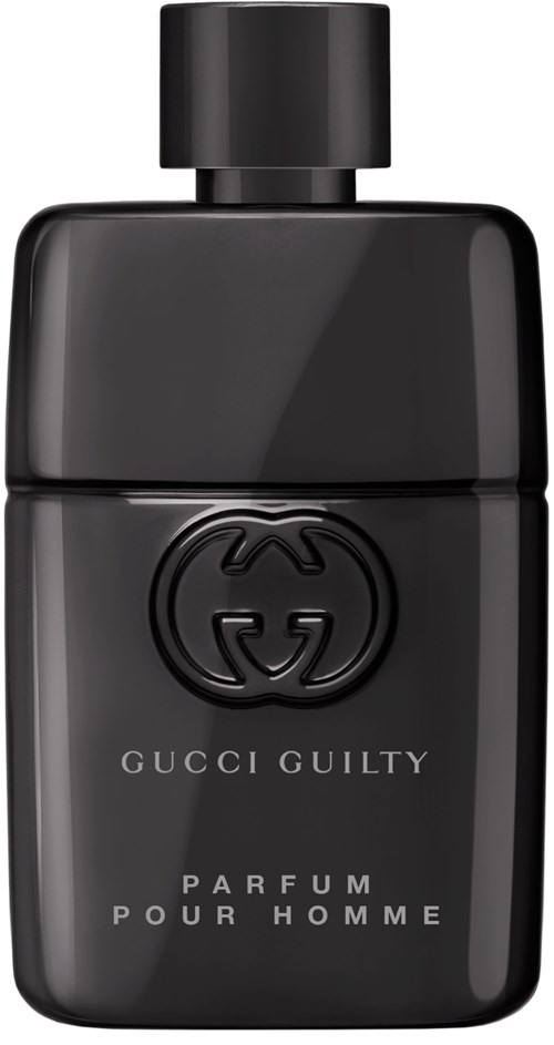 Zwarte parfumfles met Gucci-logo en tekst, merknamen Gucci Guilty Pour Homme.