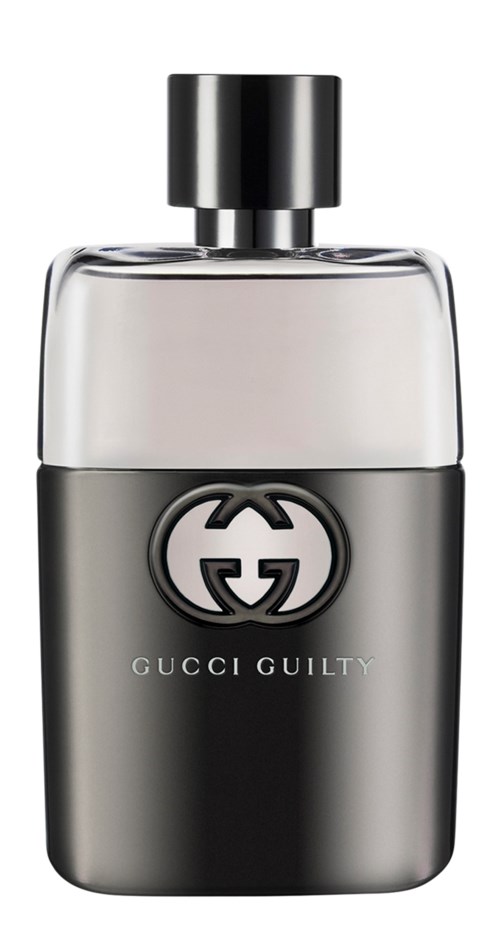 Een parfumfles met zwart en doorzichtig ontwerp, met Gucci-logo en 'Guilty'-label.