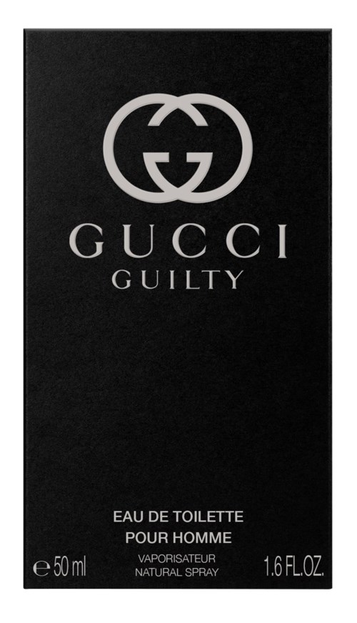 Een zwarte doos met witte tekst en logo, Gucci Guilty parfum, 50 ml, voor mannen, spray.