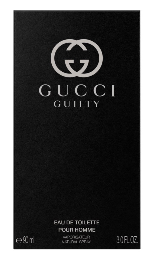 Een zwarte doos met 'GUCCI GUILTY' logo, geurnaam en maatgegevens voor herenparfum.