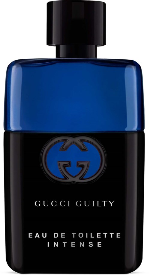 A black and blue Gucci Guilty Eau de Toilette Intense bottle with a black cap.