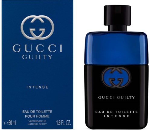 Gucci Guilty Intense men's perfume bottle in black and blue, with a matching box showing the logo and product name.