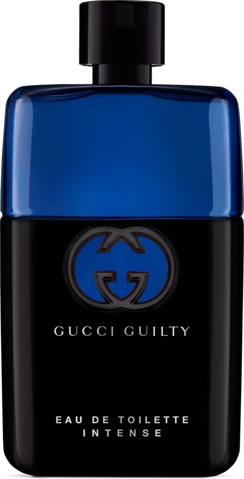 A black and blue Gucci Guilty perfume bottle with a rounded cap and the label showing Eau de Toilette Intense.