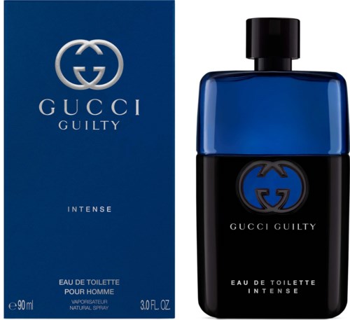 Gucci Guilty Eau de Toilette Intense perfume bottle and box in blue and black. Logo and product details on box and bottle.