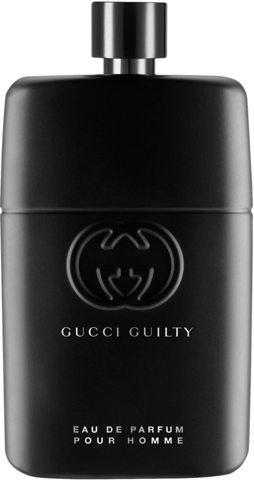 Een zwarte fles met een ronde top, gelabeld 'Gucci Guilty Eau de Parfum voor mannen', eenvoudig ontwerp.