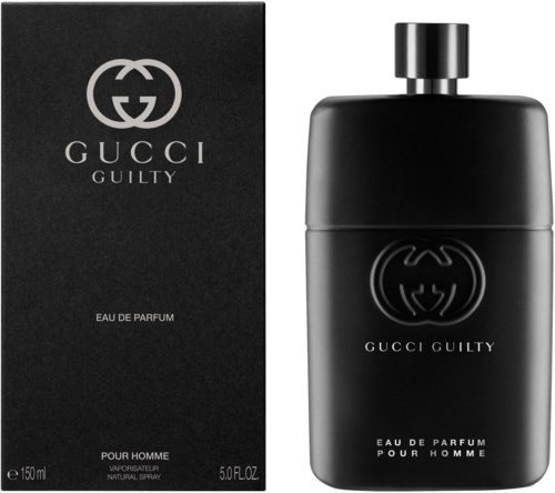 Een zwarte parfumfles en doos, beide met 'Gucci Guilty' en logo, voor heren.