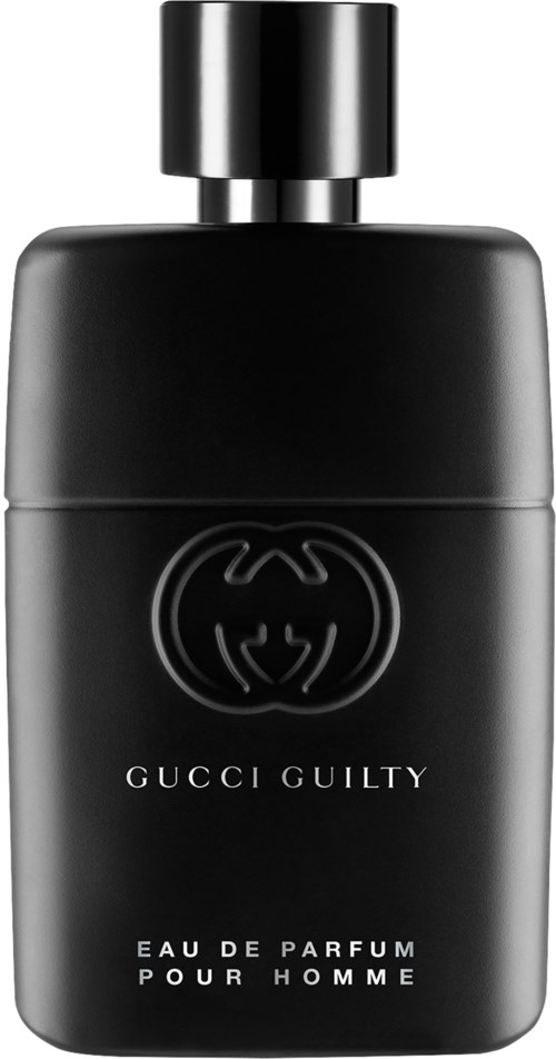 Zwarte Gucci Guilty-parfumfles met ronde dop en witte tekst aan de voorkant.