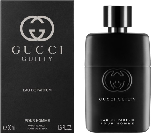 Een zwarte doos en flesje Gucci Guilty parfum voor mannen met zilveren logo en tekst.