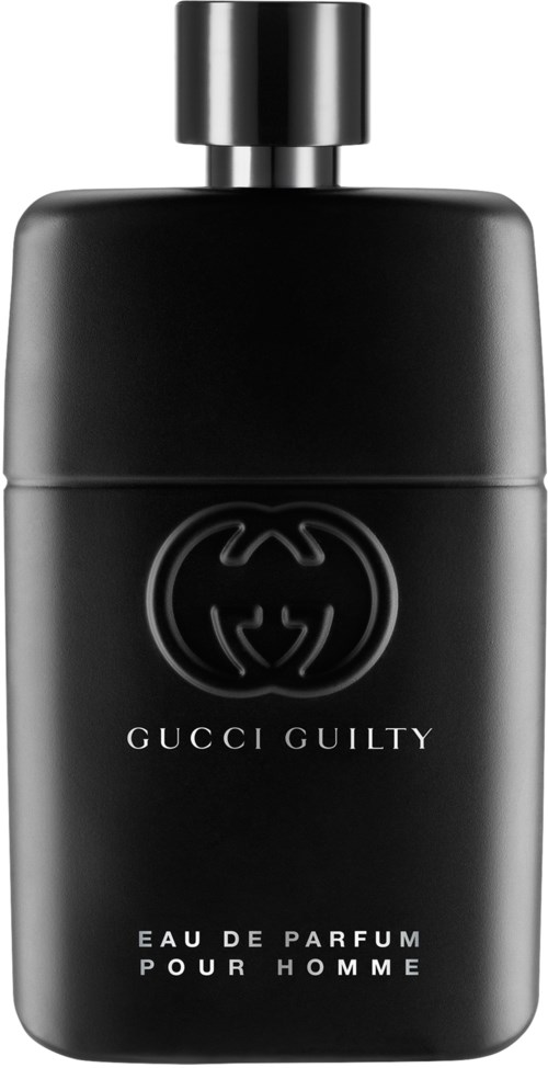 Een zwarte parfumfles met een eenvoudig ontwerp, gelabeld "GUCCI GUILTY" en "Eau de Parfum Pour Homme."
