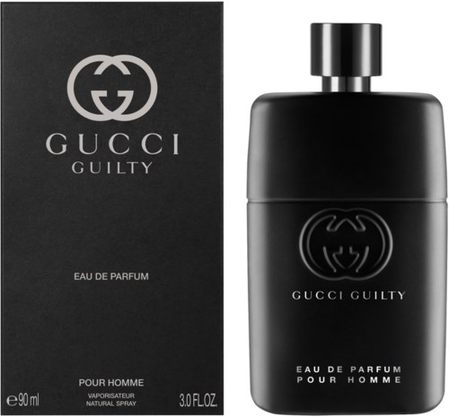 Een zwarte parfumfles en doos met Gucci Guilty-logo en tekst, gemarkeerd als Eau de Parfum voor mannen.