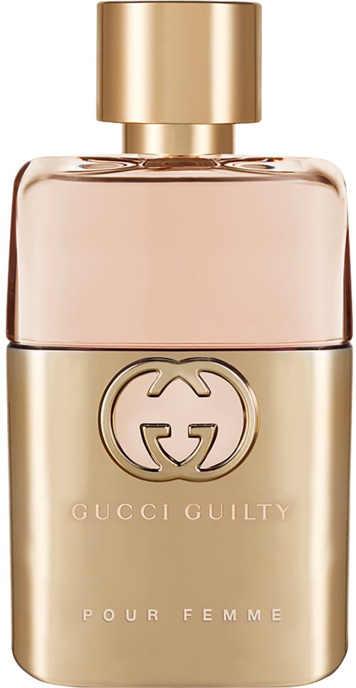 Een roze parfumfles met een gouden dop en een gouden onderkant met Gucci-logo en tekst.