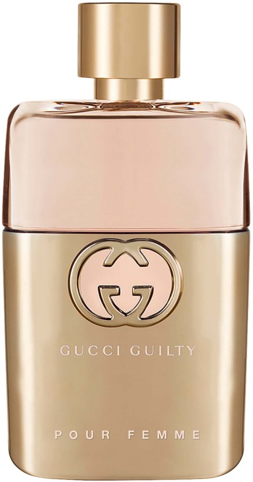 Een gouden en roze parfumfles met het Gucci-logo en de woorden 'Gucci Guilty Pour Femme'.