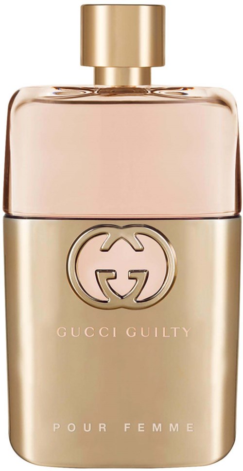 Een parfumfles met een gouden dop, vooral beige kleur, met Gucci Guilty Pour Femme erop geschreven.