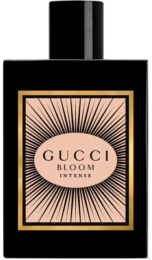 Zwarte fles met een roze label met stralen, tekst zegt 'GUCCI BLOOM INTENSE' in het midden.