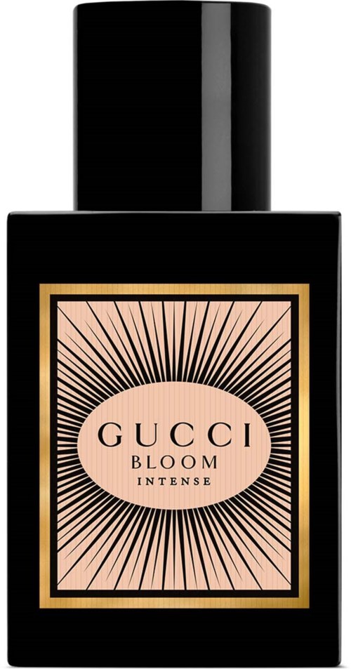 Een zwarte parfumfles met een label die 'GUCCI BLOOM INTENSE' zegt en een stralend ontwerp rondom de tekst.