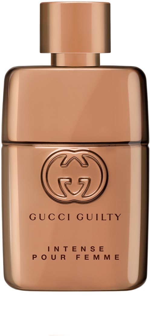 Een parfumfles in roségouden kleur met Gucci-logo en woorden 'Guilty Intense Pour Femme'.