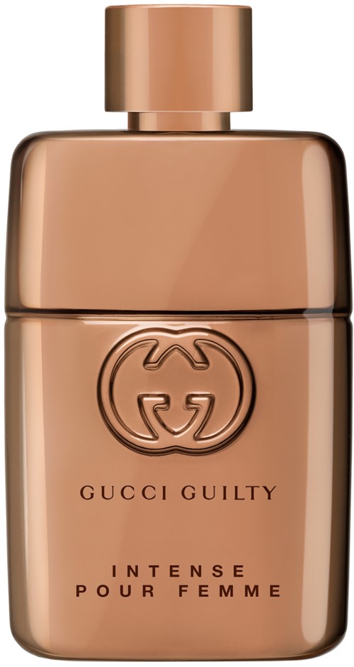 Een roze goudkleurige parfumfles met ronde dop, Gucci Guilty Intense Pour Femme-label en logo op de voorkant.