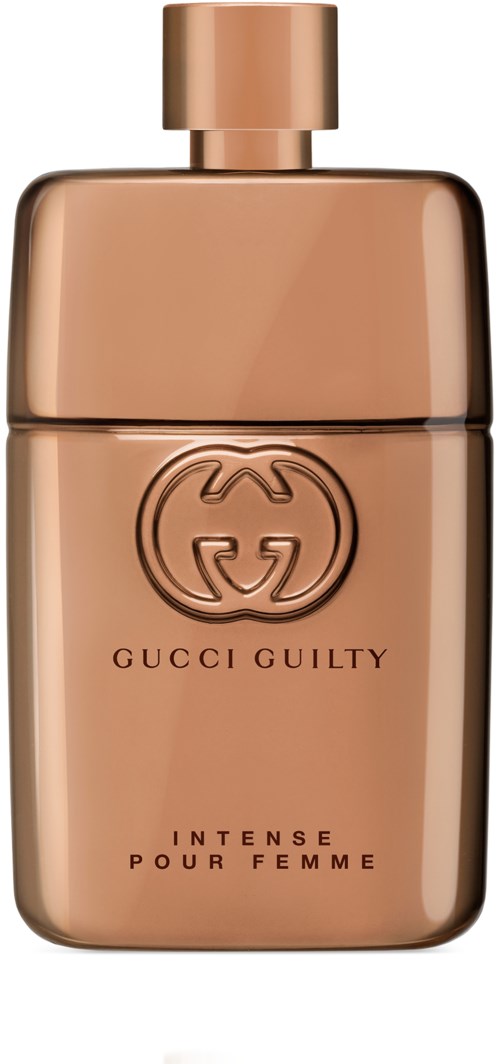 Een parfumfles met beige kleur, ronde dop en Gucci Guilty Intense Pour Femme-label.