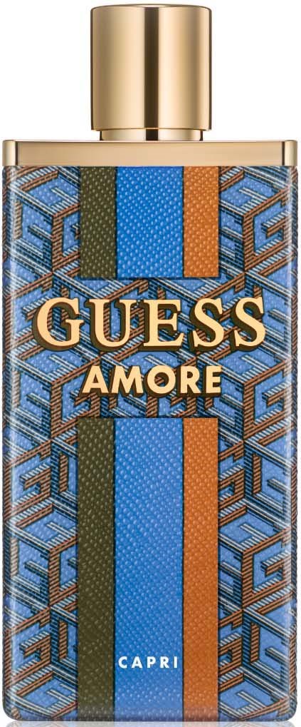 Een parfumfles met geometrisch blauw en goud ontwerp, gelabeld 'Guess Amore' en 'Capri' onderaan.
