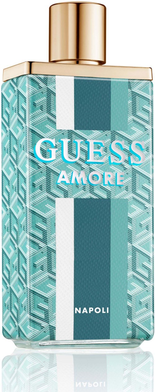 En parfyllflaska med blå och guld färger, mönstrad design och texten Guess Amore Napoli.