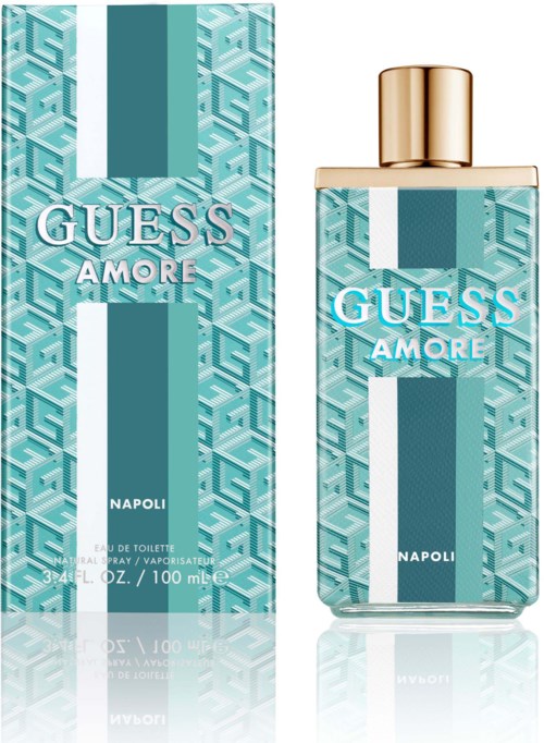 En flaska och förpackning för Guess Amore Napoli-parfym med blå geometriska mönster och guldkork.