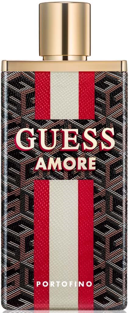 Een parfumfles met rode en witte strepen, zwart geometrisch patroon en gouden dop, gemerkt 'Guess Amore Portofino.'
