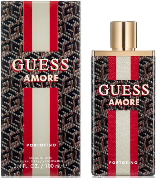 Een parfuntfles en doos hebben een rood-wit gestreept ontwerp met de woorden "GUESS AMORE."