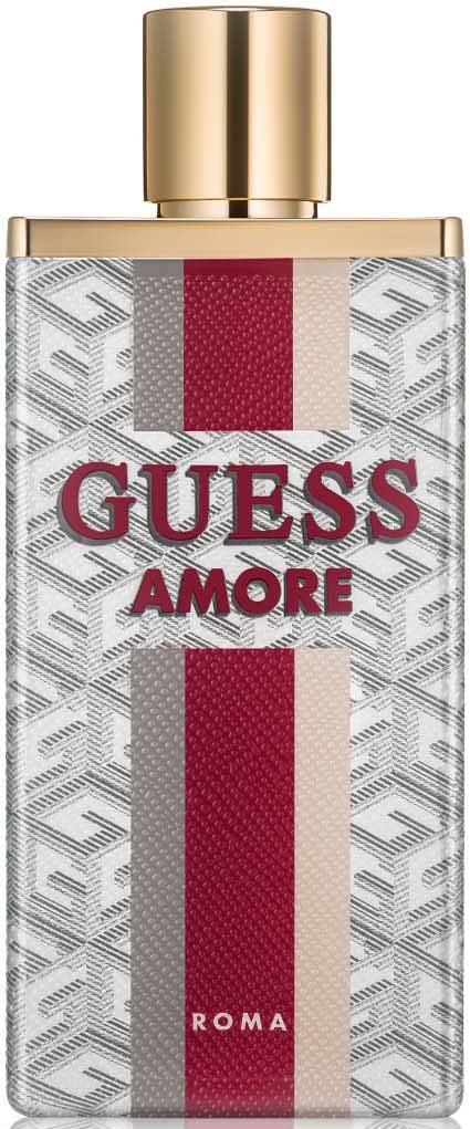 Een parfumfles met goudkleurige dop, versierd met rode en beige strepen en Guess-merk, genaamd Amore, uit Rome.