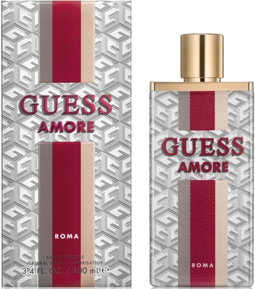 Een parfumfles en doos met geometrische patronen, rode en beige strepen, en de tekst "GUESS AMORE ROMA".