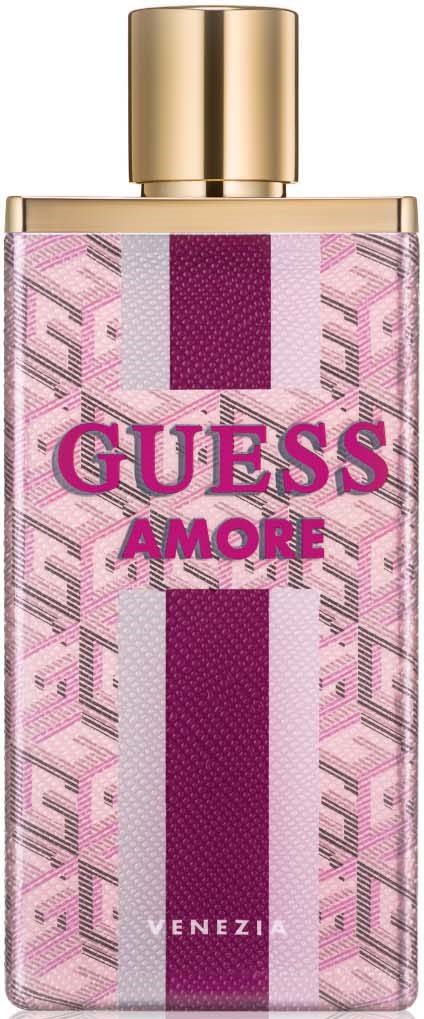 Een fles met roze en paarse patronen en een gouden dop, gelabeld "GUESS AMORE VENZIA."