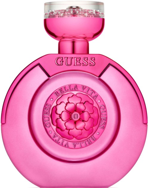 Roze parfumfles met ronde vorm en bloemdesign op de voorkant, gelabeld "GUESS" bovenaan.