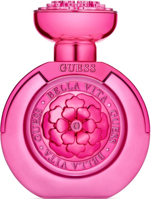 Pink parfymflaska med blomdesign och orden 'Guess Bella Vita' runt om.