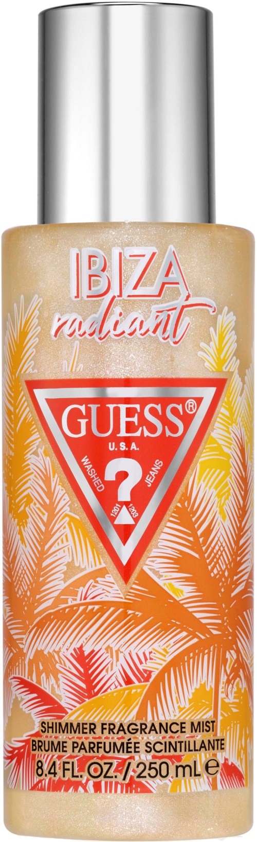 Een sprayfles met het label GUESS Ibiza Radiant, met palmboom- en zonontwerp, met een zilveren dop.